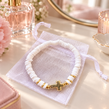 White and gold Christian cross bracelet for girls with organza pouch
