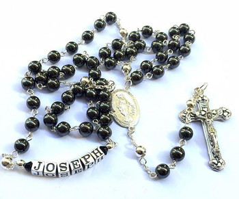 Hematite and Sterling Silver Men's Rosary Bead Necklace   Hematite and Sterling Silver Men's Rosary Bead Necklace