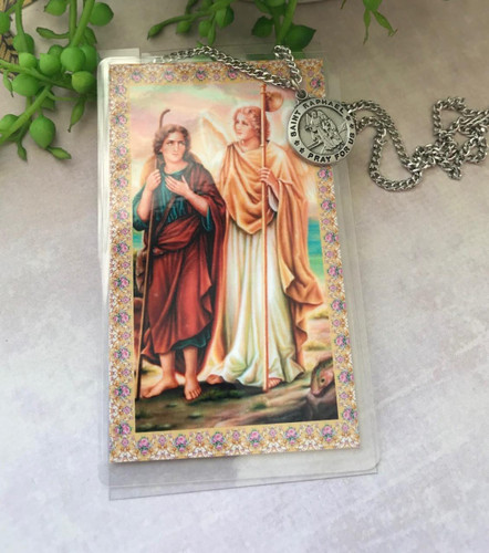  Saint Raphael Prayer Card and Pewter Necklace 