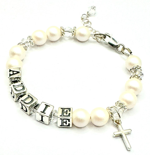 baptism bracelet for girls, personalised christening gift, first communion bracelet, confirmation gift for girl, Swarovski pearl baptism jewellery, sterling silver baptism bracelet, religious keepsake for girls, cross charm bracelet child, girls faith jewellery, Catholic baptism gift