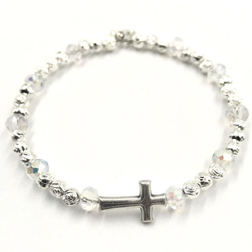  Silver and Crystal Christian Rosary Bracelet 