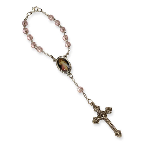 Crystal Faith Collection Pink Divine Mercy Car Rosary Beads 
