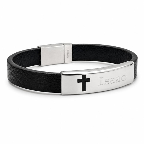  Stainless Steel Boys Catholic Identity Leather Bracelet - Engraving included 