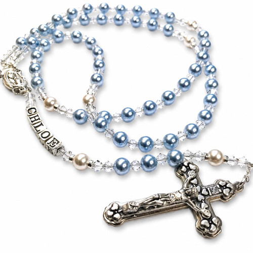  Swarovski 'Light Blue' Pearl Catholic Personalised Rosary Beads 