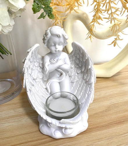  Meditating Cherub with Rosary Tealight Candle- Memorial Gift 