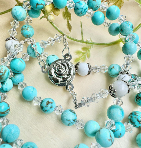 Crystal Faith Collection Turquoise and Howlite Personalised Swarovski Rosary Beads 