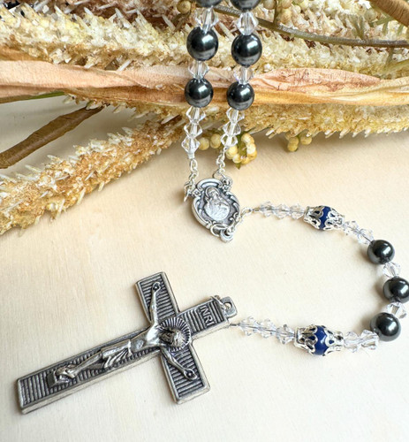 Crystal Faith Collection Black and Lapis Personalised Swarovski Rosary Beads 