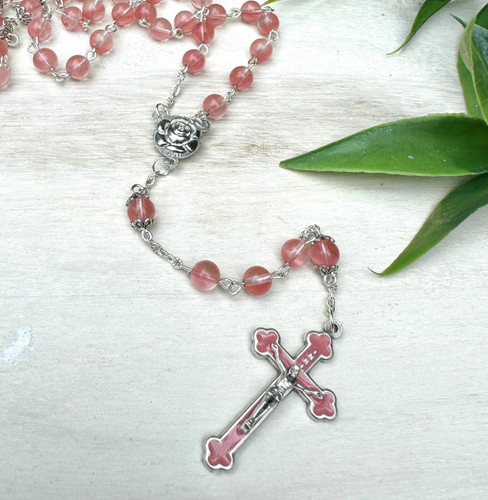 Crystal Faith Collection Cherry Quartz  Rosary Beads - Rosary Beads Australia  Crystal Faith Collection Cherry Quartz  Rosary Beads - Rosary Beads Australia