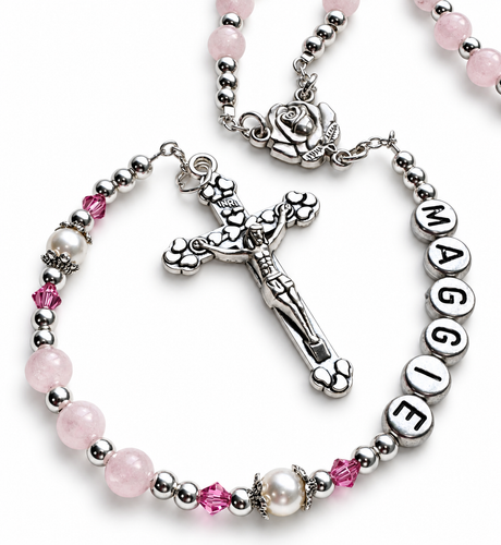 Crystal Faith Collection Rose Quartz & Swarovski Crystal Personalised Rosary Beads for Girls ✝ Elegant Keepsake Gift 