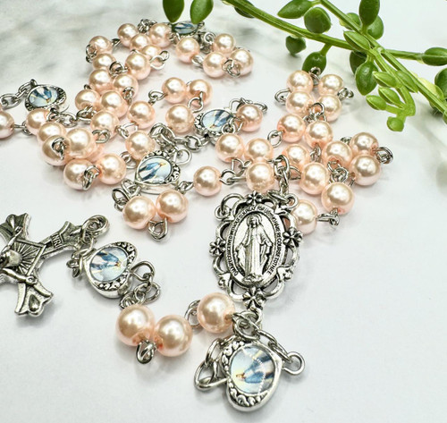 Our Lady of Grace Pink Faux Pearl Rosary Beads   Our Lady of Grace Pink Faux Pearl Rosary Beads