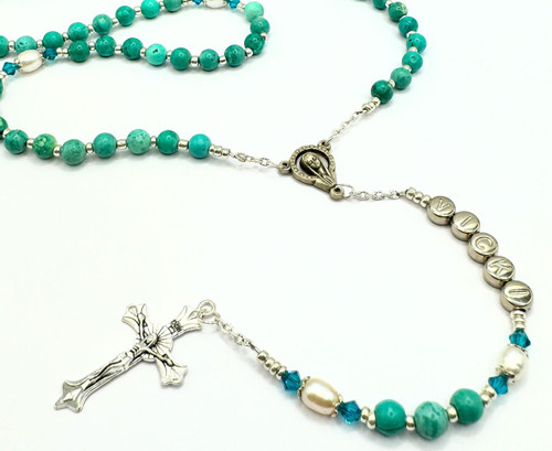 Crystal Faith Collection Turquoise and Freshwater Pearl Swarovski Crystal Rosary  - Personalisation Included  Crystal Faith Collection Turquoise and Freshwater Pearl Swarovski Crystal Rosary  - Personalisation Included