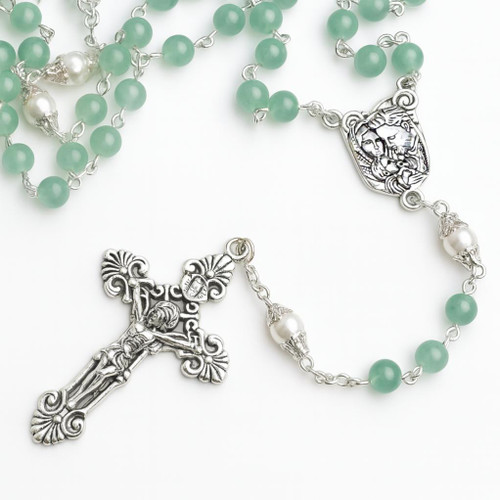  Aventurine and Faux Pearl Catholic Rosary Bead 