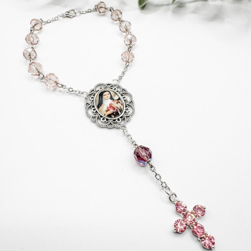 Crystal Faith Collection Pink Saint Therese Car Rosary Beads One Decade Rosary  Crystal Faith Collection Pink Saint Therese Car Rosary Beads One Decade Rosary