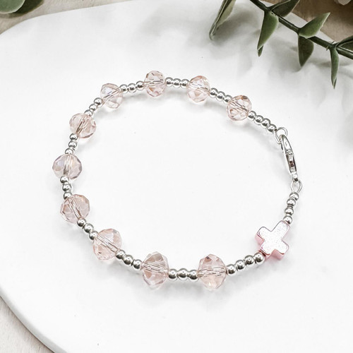  Rose Pink Cross One Decade Rosary Bracelet 