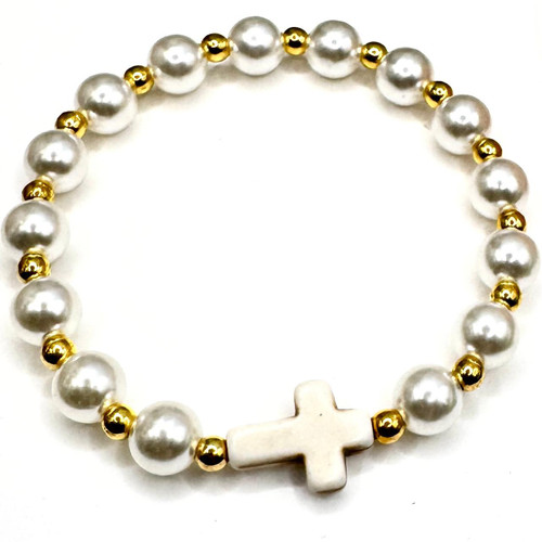  White Faux Pearl Christian Bracelet 
