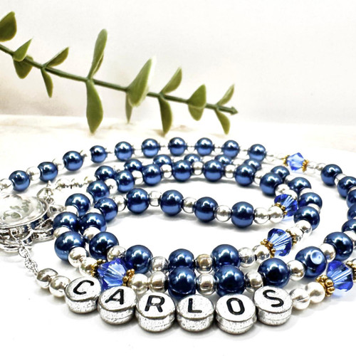 Crystal Faith Collection Blue Faux Pearl & Swarovski Crystal Rosary Beads ✝ Personalised Christening & Baptism Gift 
