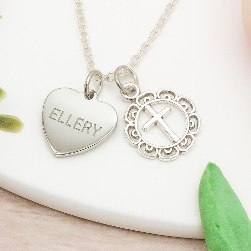 Personalised Cross and Heart Christian Necklace - Confirmation or First Communion Jewellery   Personalised Cross and Heart Christian Necklace - Confirmation or First Communion Jewellery