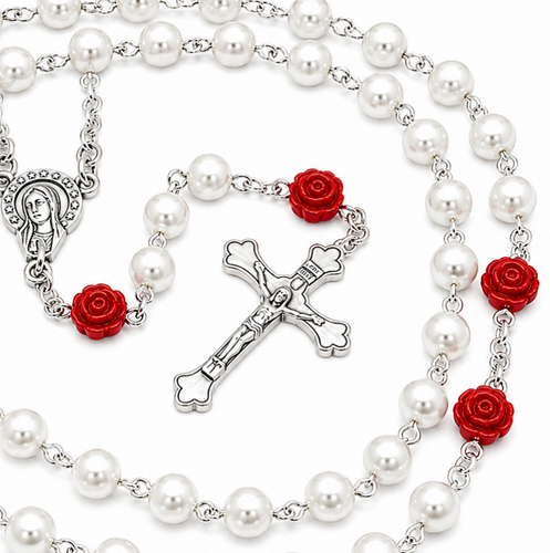  Red Rose White Faux Pearl Personalised Rosary Beads 
