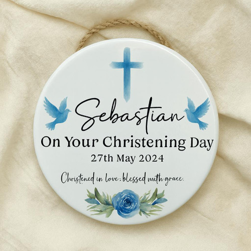  Personalised Christening Ceramic Hanging Plaque  - Blue 