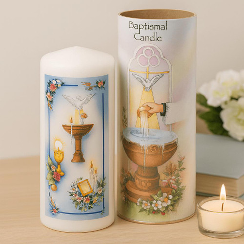 Baptism Pillar Candle in Decorative Tin – 150 x 55 mm   Baptism Pillar Candle in Decorative Tin – 150 x 55 mm