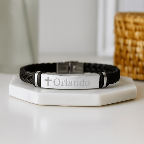  Personalised Black Leather Bracelet with Engraved Plate – Teen & Adult Size 