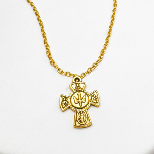  Gold-toned Four Way  Catholic Cross Medal for Confirmation Gift 
