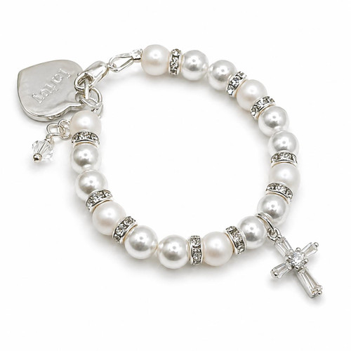  Swarovski White Pearl and Crystal Cross Bracelet – Personalised Option Available 