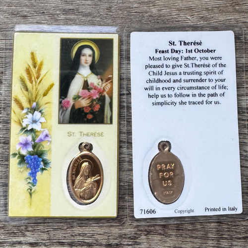  Saint Therese Laminated Holy Card with Gold-toned Medal - Schools 