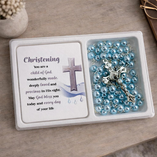  Christening Blue Rosary and Plaque Gift Set Baptism Keepsake Australia 