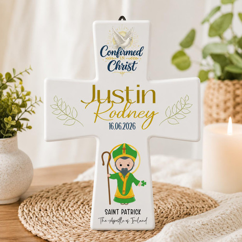  Personalised Confirmation Cross with Saint – Ceramic Standing Cross Keepsake Gift 