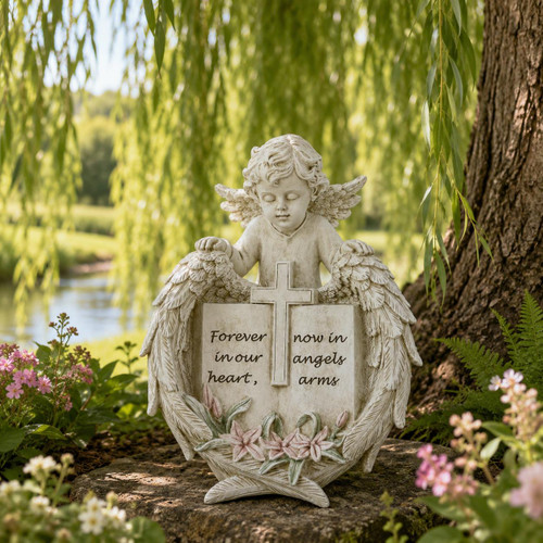  19cm Cherub with Angel Wing Memorial Plaque | Forever in Our Hearts Memorial Ornament 