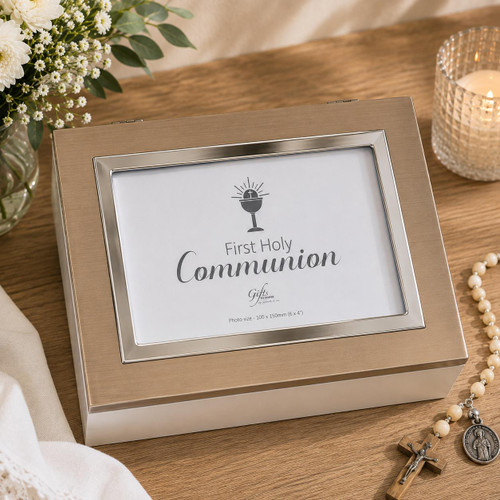  First Holy Communion Keepsake Box with Photo Frame Lid | Religious Memory Box 19 x 14cm 