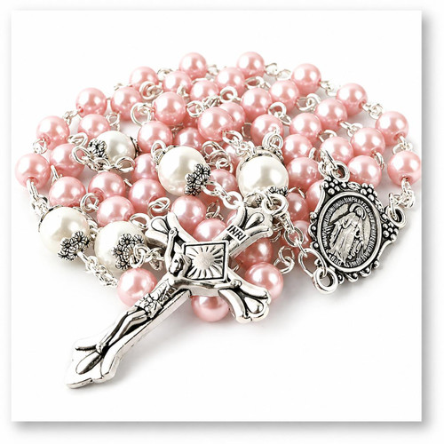  Personalised Pink Faux Pearl Rosary Beads | First Holy Communion, Confirmation & Baptism Gift 