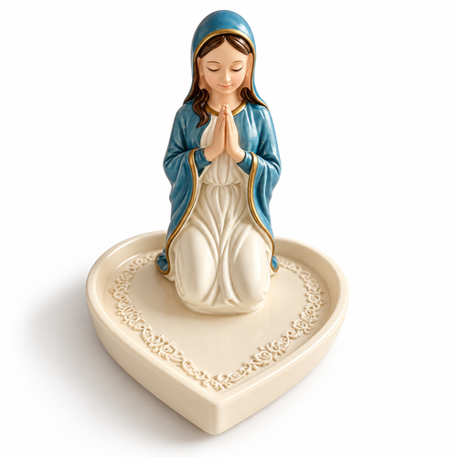 Our Lady rosary holder with cream heart-shaped trinket dish
