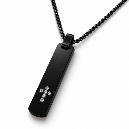 Black stainless steel cross bar necklace with zircon stones