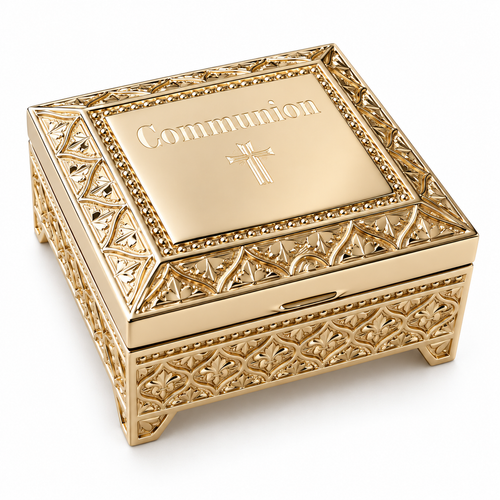 Ornate gold First Holy Communion keepsake box with decorative raised patterns, Communion inscription and cross on lid