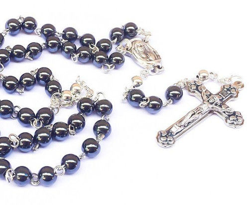 Hematite and Sterling Silver Men's Rosary Bead Necklace   Hematite and Sterling Silver Men's Rosary Bead Necklace