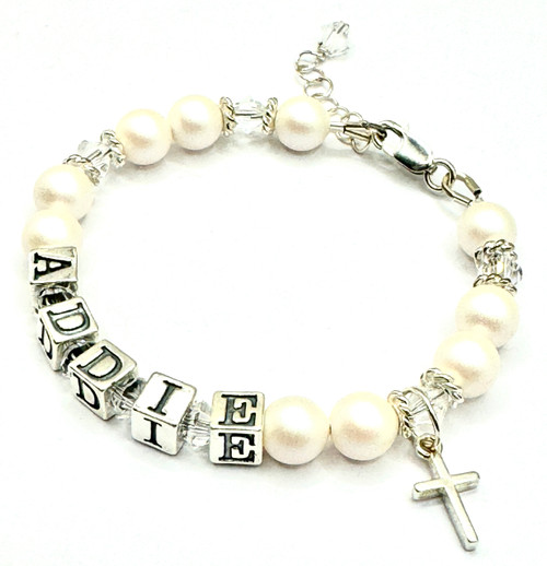 baptism bracelet for girls, personalised christening gift, first communion bracelet, confirmation gift for girl, Swarovski pearl baptism jewellery, sterling silver baptism bracelet, religious keepsake for girls, cross charm bracelet child, girls faith jewellery, Catholic baptism gift