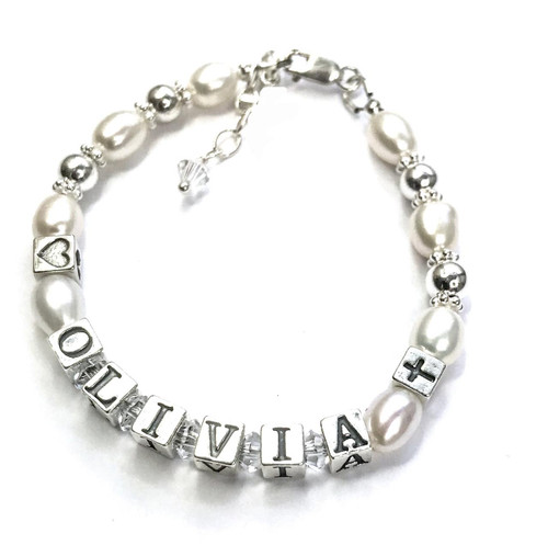  Silver and Pearl Christening Name Bracelet 