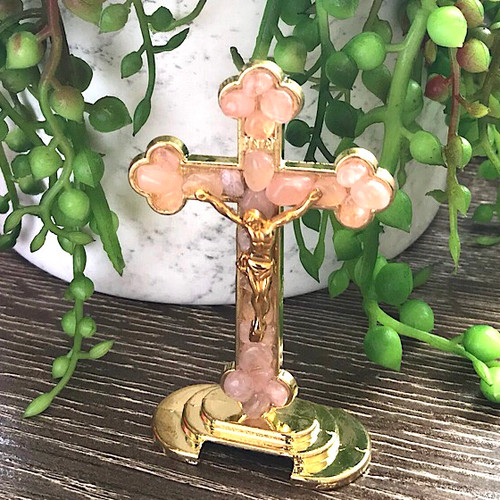 Rose Quartz Small Standing Crucifix - Christian Present