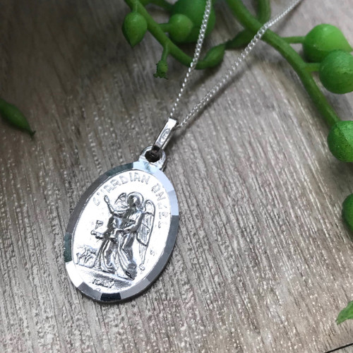 Sterling Silver Oval Guardian Angel Pendant 