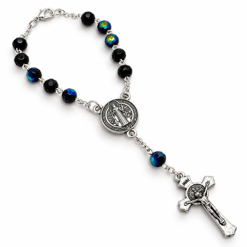 Crystal Faith Collection Saint Benedict Black Crystal Car Rosary Beads 
