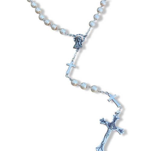buy cross rosary beads white pearl