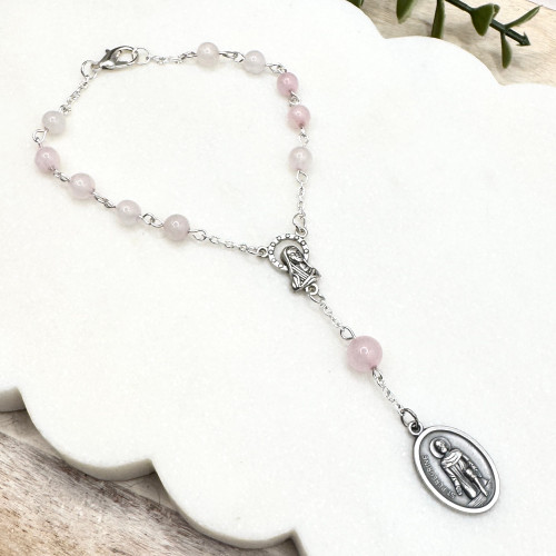 Saint Peregrine Rose Quartz Car Rosary Beads