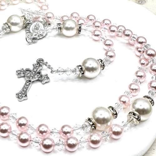 Swarovski crystal rosary, pearl rosary beads, Divine rosary beads, Baptism gift rosary, Communion rosary beads, personalised Swarovski rosary, luxury Catholic rosary, Gifted Memories Faith exclusive

