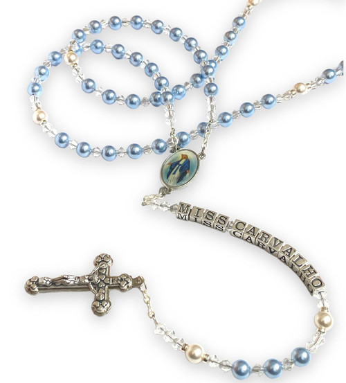  Blue Swarovski 'Our Lady of Grace' Personalised Rosary Beads 