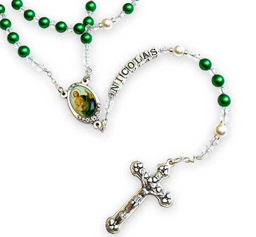  Swarovski 'Eden Green' Pearl Catholic Personalised Rosary Beads 