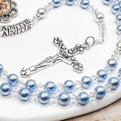  Swarovski 'Light Blue' Pearl Catholic Personalised Rosary Beads 