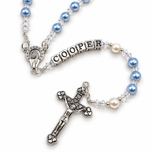  Swarovski 'Light Blue' Pearl Catholic Personalised Rosary Beads 