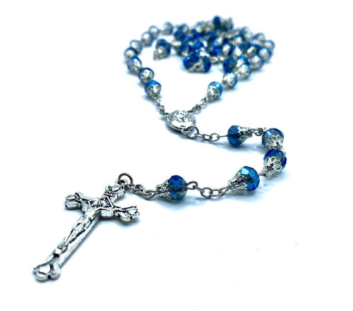  Metallic Dark Blue Crystal Personalised Rosary Beads with bead caps 